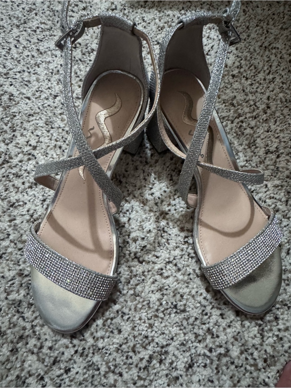 Nina Silver Rhinestone Strappy Block Heel Sandals